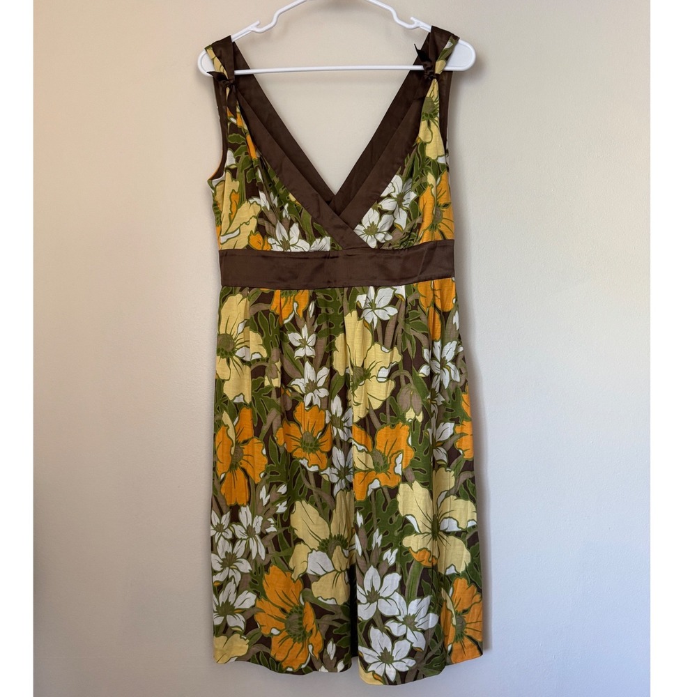Vintage Tommy Bahama 100% Silk Floral Dress Brown Green Orange Boho Y2K Size 8
